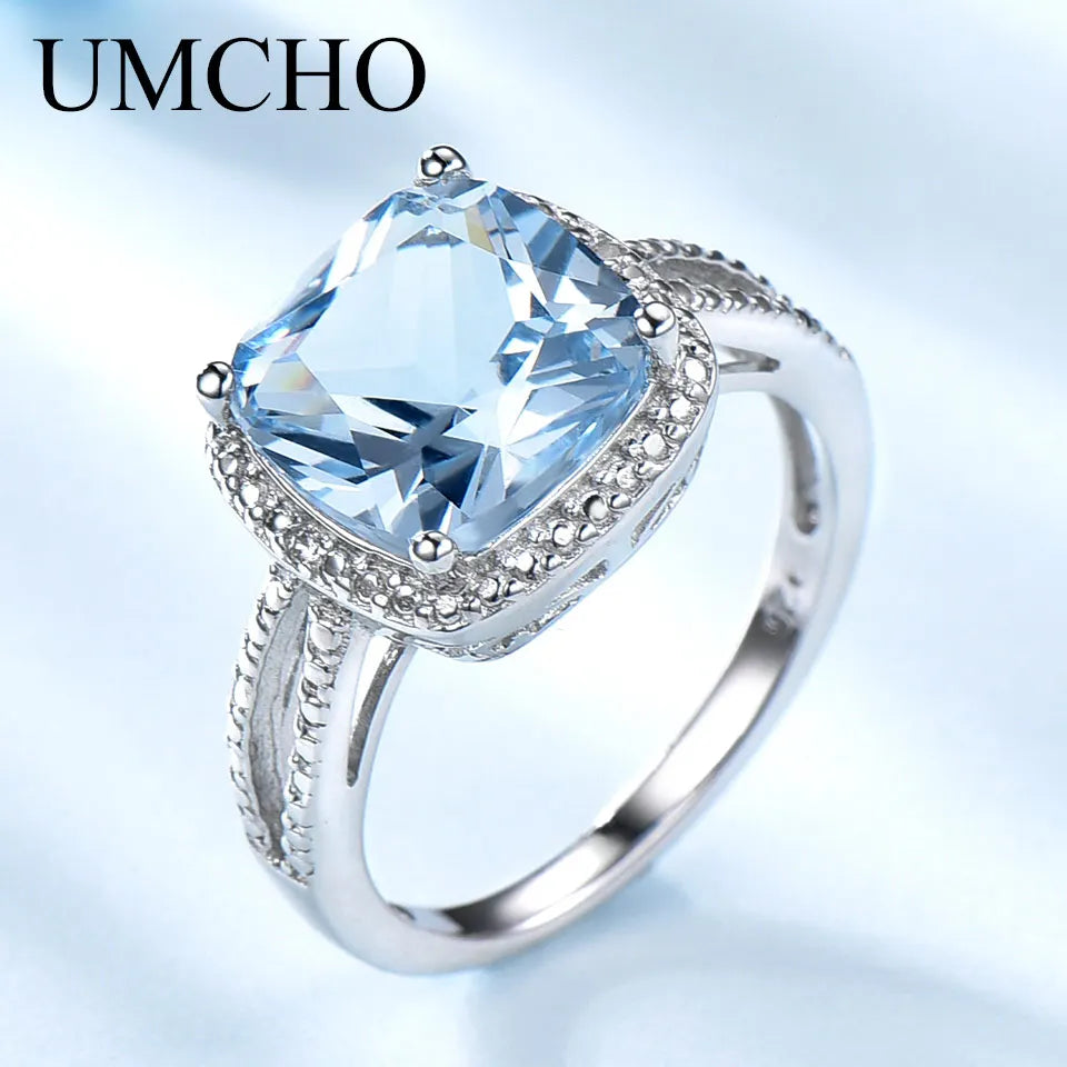 UMCHO Romantic Created Sky Blue Topaz Gemstone Aquamarine Rings 925 Sterling Silver Rings For Women Engagement Gift Fine Jewelry