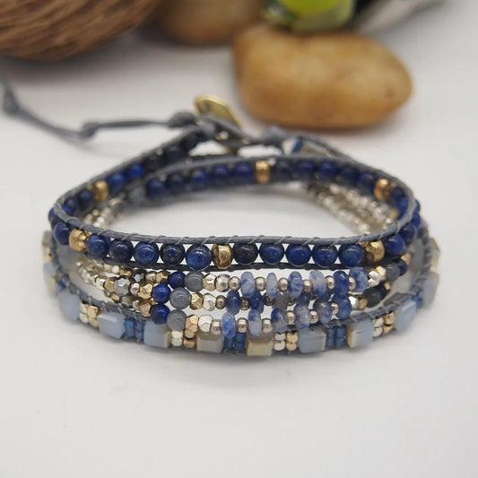 Sodalite Lapis Lazuli Triple Strands 5 Wraps Bohemian Beadwork Crystal Mixed Bracelet Gift for Men and Women