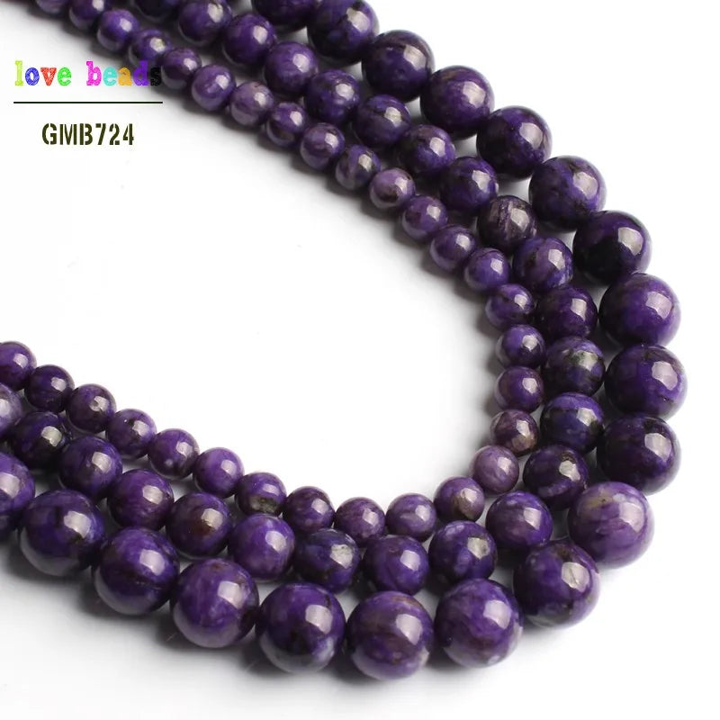 Cuentas sueltas redondas de piedra charoita para hacer joyas, pulseras y collares, 15'', color morado, 6 mm, 8 mm y 10 mm