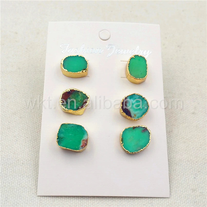 WT-E263 Irregular shape Australia chrysoprase stone studs Boho 10mm wholesale 10pcs gold trim stone studs gift for her