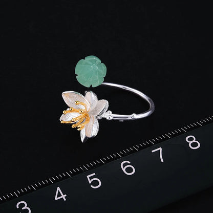 Lotus Fun Real 925 Sterling Silver Natural Aventurina Gemstones Flor Anel Jóias Finas Lotus Whispers Anéis para Mulheres Bijoux