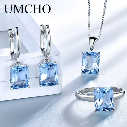 UMCHO Sky Blue Topaz Gemstone Wedding Jewelry Sets for Women 925 Sterling Silver Engagement Rings Necklace Pendant Clip Earrings