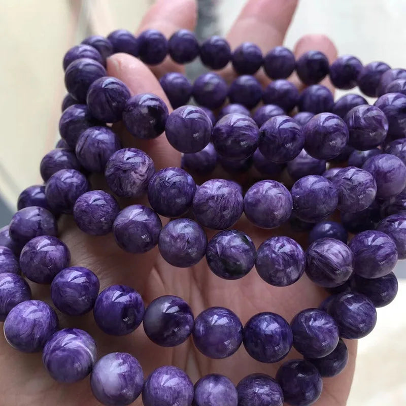 Russian Charoite Bracelets 6MM 8MM 10MM Undyed 100% Pure Smooth Round Stone Jewelry Charm Gemstone Customize Design New