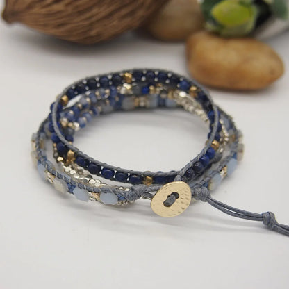 Sodalite Lapis Lazuli Triple Strands 5 Wraps Bohemian Beadwork Crystal Mixed Bracelet Gift for Men and Women