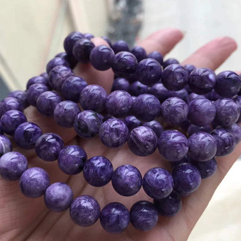 Russian Charoite Bracelets 6MM 8MM 10MM Undyed 100% Pure Smooth Round Stone Jewelry Charm Gemstone Customize Design New