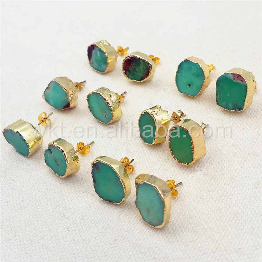 WT-E263 Irregular shape Australia chrysoprase stone studs Boho 10mm wholesale 10pcs gold trim stone studs gift for her