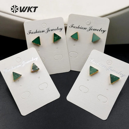 WT-E373 Wholesale Triangle Gems studs with gold delta bowlder studs Yu stone studs Australia Chrysoprase studs with gold plating