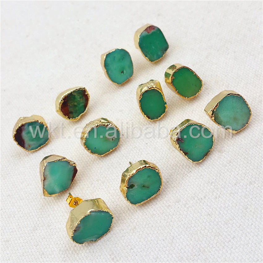 WT-E263 Irregular shape Australia chrysoprase stone studs Boho 10mm wholesale 10pcs gold trim stone studs gift for her