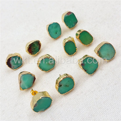 WT-E263 Irregular shape Australia chrysoprase stone studs Boho 10mm wholesale 10pcs gold trim stone studs gift for her