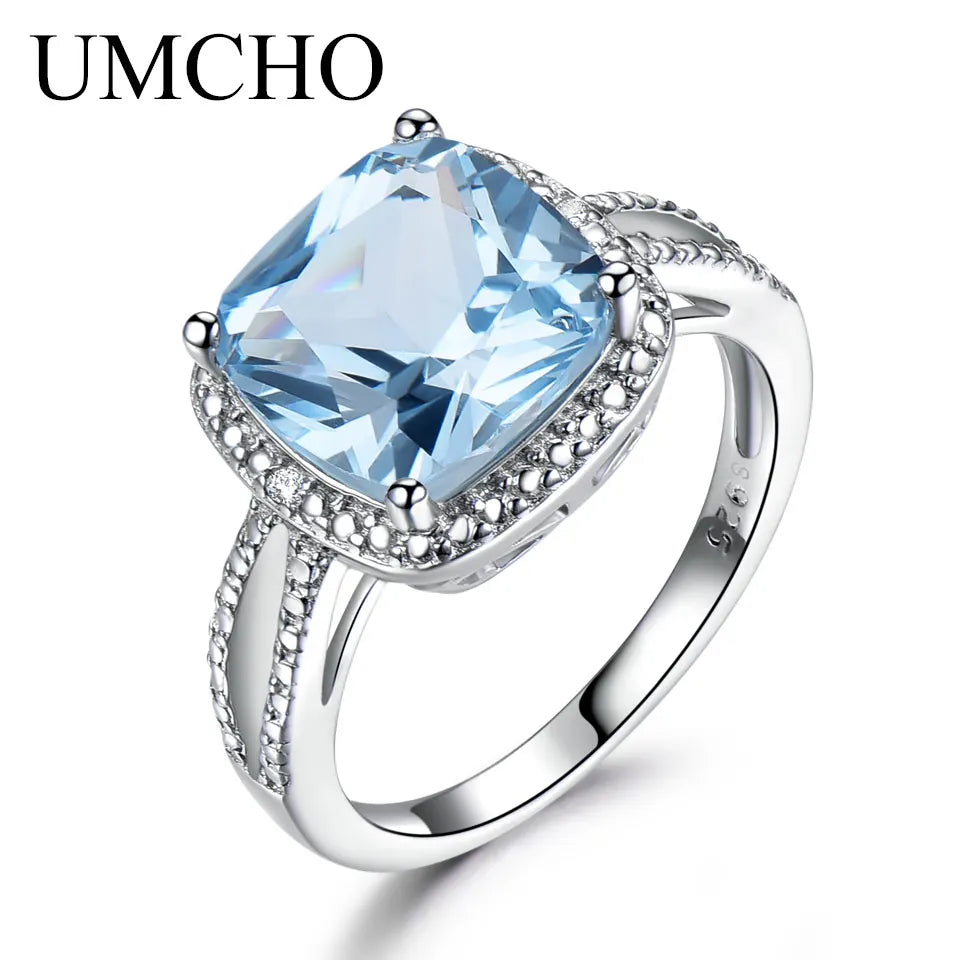 UMCHO Romantic Created Sky Blue Topaz Gemstone Aquamarine Rings 925 Sterling Silver Rings For Women Engagement Gift Fine Jewelry