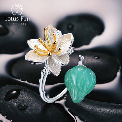 Lotus Fun Real 925 Sterling Silver Natural Aventurina Gemstones Flor Anel Jóias Finas Lotus Whispers Anéis para Mulheres Bijoux