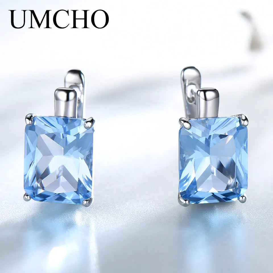 UMCHO Luxury 8.0ct Sky Blue Topaz Gemstone Jewelry Solid 925 Sterling Silver Clip On Earrings For Women  Birthday Gift Fashion