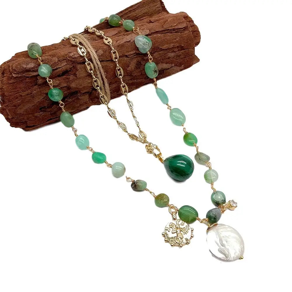 YÂ·YING 2 Strands Green Chrysoprase Chain statement Necklace Coin Pearl Malachite Charm