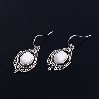 925 Sterling Silver Earrings Retro Texture Large Oval 8X10MM Moonstone Charoite Beads Earrings Wedding Party gemstone  earrings