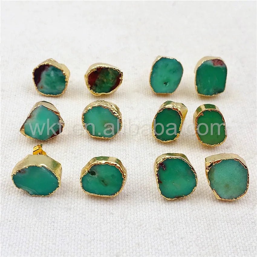 WT-E263 Irregular shape Australia chrysoprase stone studs Boho 10mm wholesale 10pcs gold trim stone studs gift for her