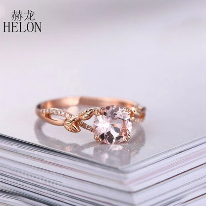 HELON Real 14K Ouro Rosa Certificado Redondo 7mm 1.2ct Morganita Natural &amp; Anel de Pedra Preciosa de Diamante para Mulheres Casamento Jóias Finas Presente