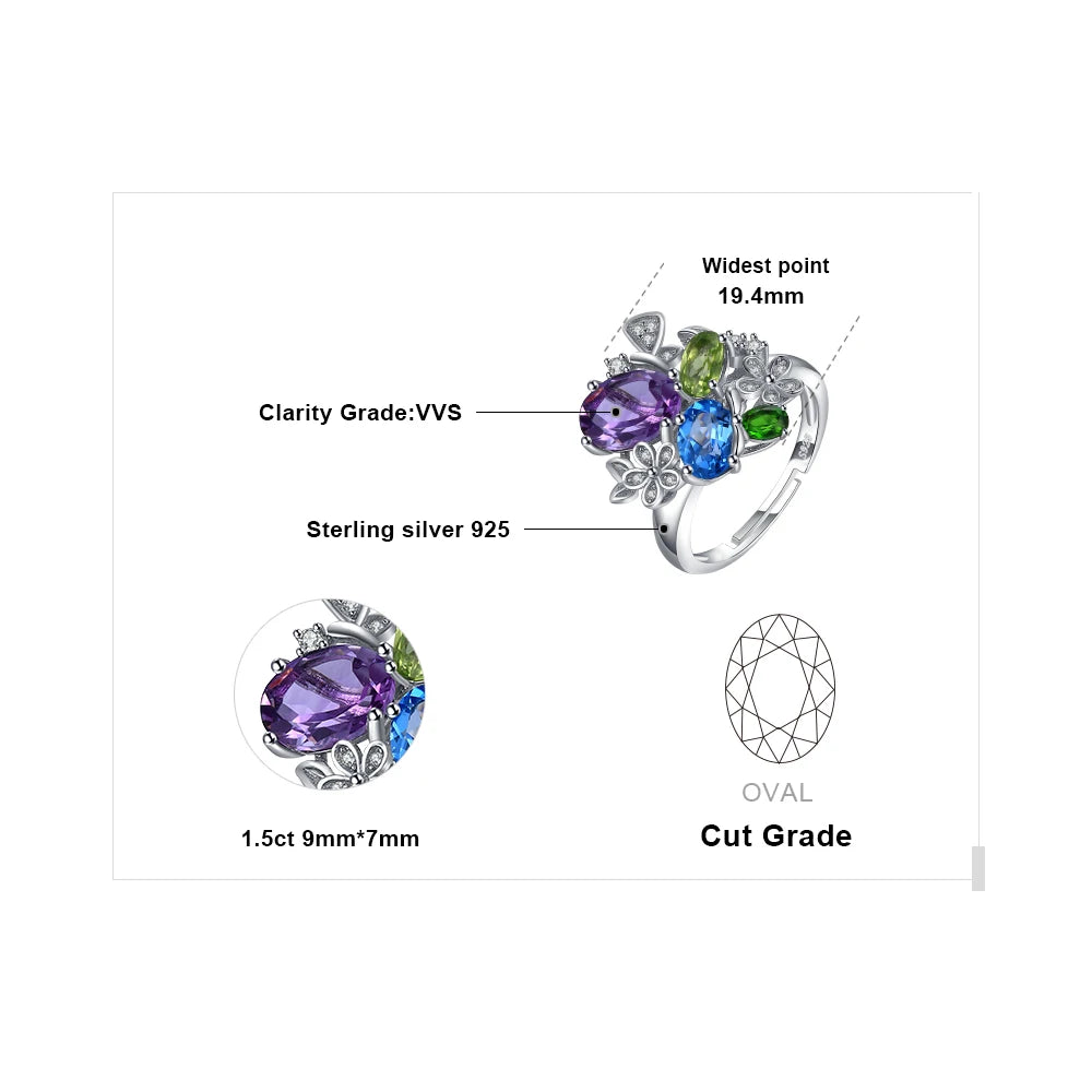 JewelryPalace Flower Natural Amethyst Blue Topaz Peridot Chrome Diopside Open Adjustable Cocktail Ring 925 Sterling Silver Women