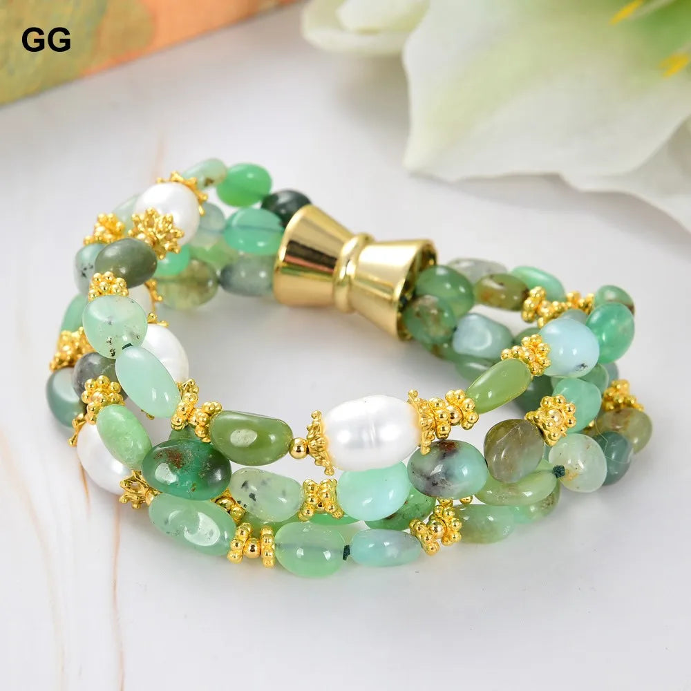 GuaiGuai Jewelry Natural 4 Fios Crisoprásio Verde Cultivado Arroz Branco Pérola Pulseira 8,5 polegadas