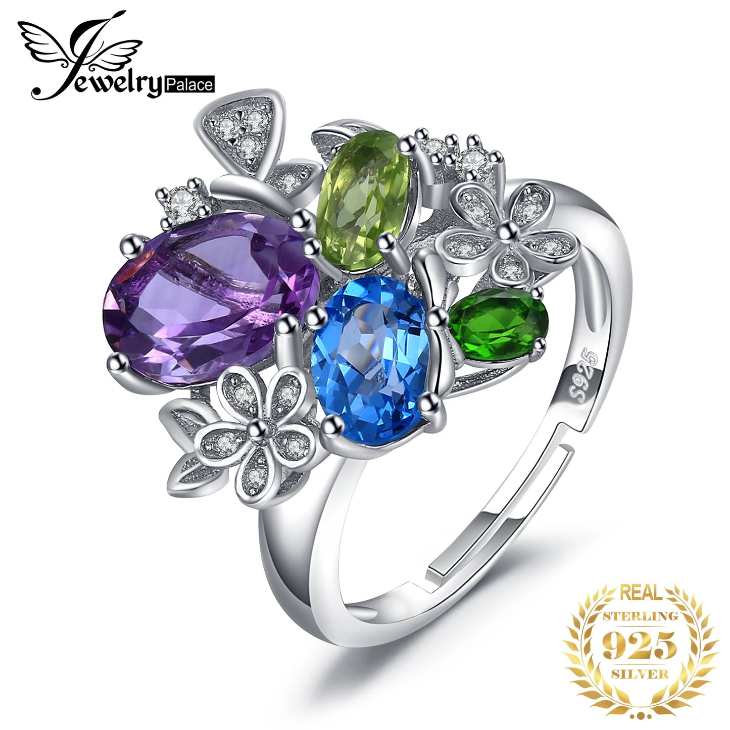 JewelryPalace Flower Natural Amethyst Blue Topaz Peridot Chrome Diopside Open Adjustable Cocktail Ring 925 Sterling Silver Women