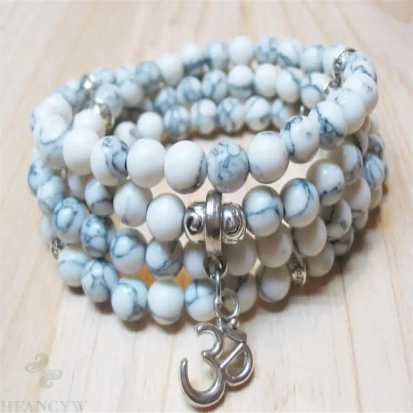 Pulseira de pedra preciosa Howlite de 6 mm Mala 108 contas Pingente 3D Pulseira quente Yoga Unissex Energia Bless Natural Monk Punho Meditação