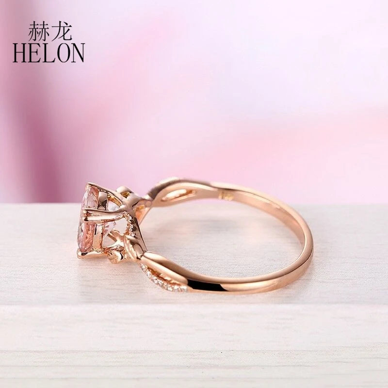 HELON Real 14K Ouro Rosa Certificado Redondo 7mm 1.2ct Morganita Natural &amp; Anel de Pedra Preciosa de Diamante para Mulheres Casamento Jóias Finas Presente