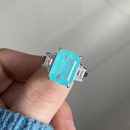 Retro 925 Sterling Silver 10*14mm Blue Stone Aquamarine Paraiba Tourmaline High Carbon Diamond Wedding Engagemen Ring for Women