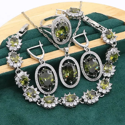 Conjunto de joias de prata esterlina 925 peridoto verde para mulheres, pulseira, brincos, colar, pingente, anel, presente de aniversário