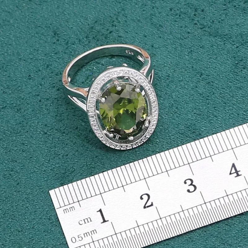 Conjunto de joias de prata esterlina 925 peridoto verde para mulheres, pulseira, brincos, colar, pingente, anel, presente de aniversário