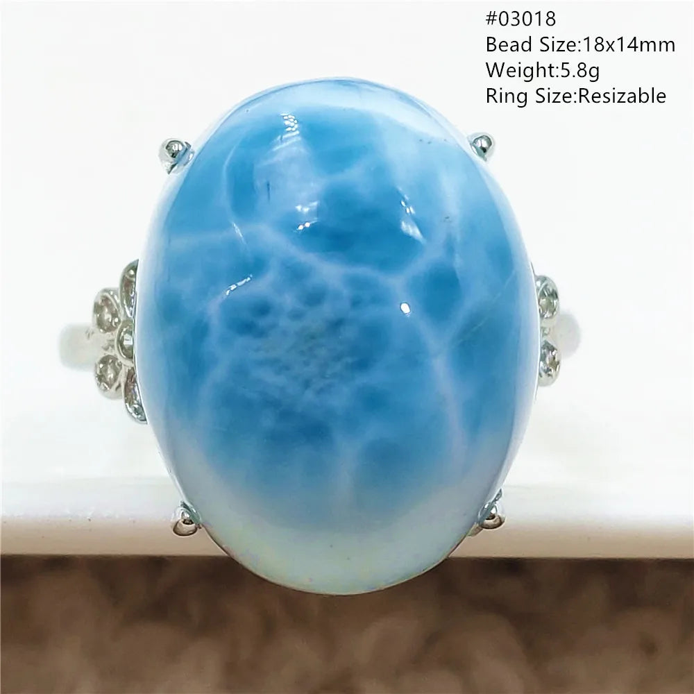 Natural Blue Larimar Gemstone Adjustable Ring Oval 925 Sterling Silver Dominica Women Water Pattern Larimar Ring AAAAAA