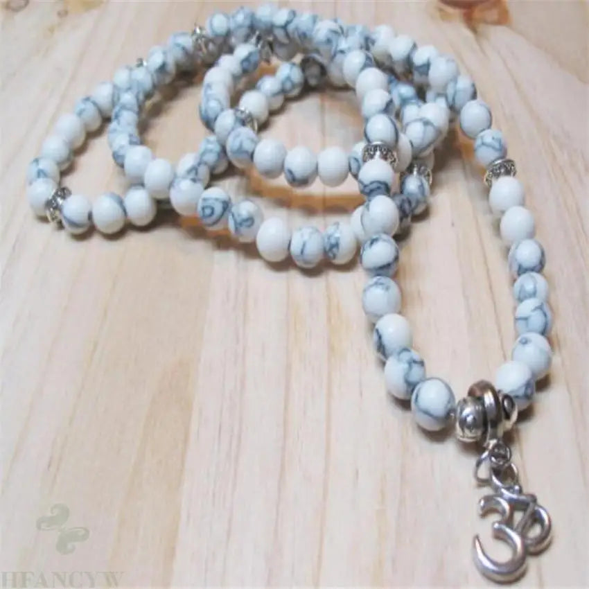 Pulseira de pedra preciosa Howlite de 6 mm Mala 108 contas Pingente 3D Pulseira quente Yoga Unissex Energia Bless Natural Monk Punho Meditação