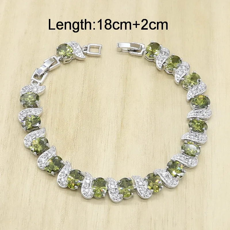 Green Peridot Zircon 925 Silver Jewelry Set Women Bracelet Earrings Necklace Pendant Ring Birthday Gift