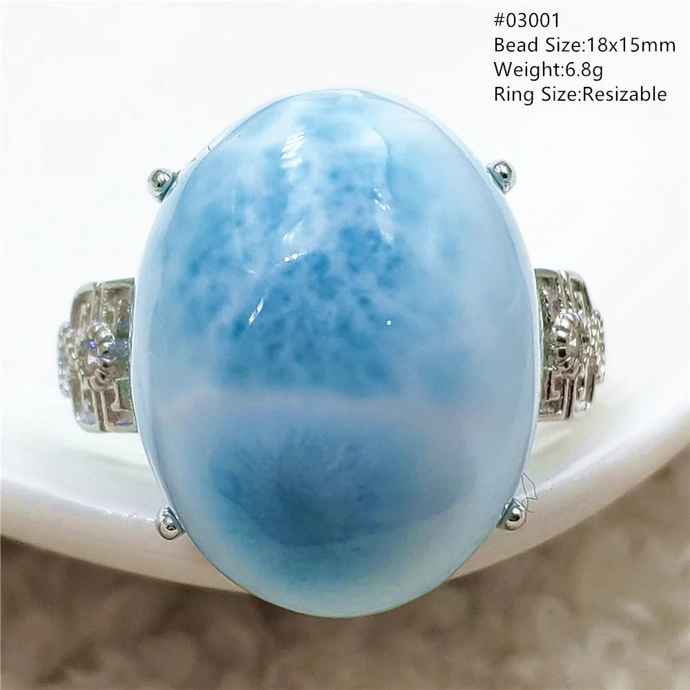 Natural Blue Larimar Gemstone Adjustable Ring Oval 925 Sterling Silver Dominica Women Water Pattern Larimar Ring AAAAAA