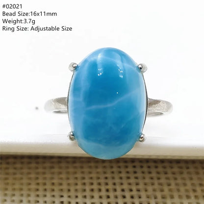 Natural Blue Larimar Gemstone Adjustable Ring Oval 925 Sterling Silver Dominica Women Water Pattern Larimar Ring AAAAAA