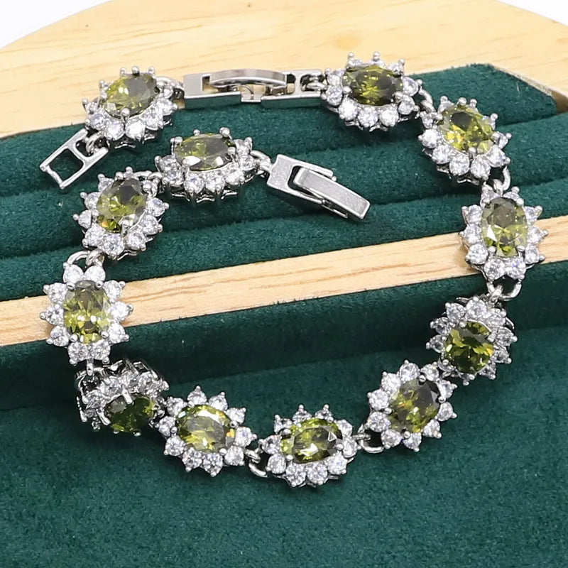 Conjunto de joias de prata esterlina 925 peridoto verde para mulheres, pulseira, brincos, colar, pingente, anel, presente de aniversário