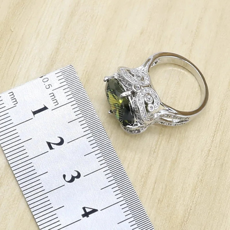 Green Peridot Zircon 925 Silver Jewelry Set Women Bracelet Earrings Necklace Pendant Ring Birthday Gift