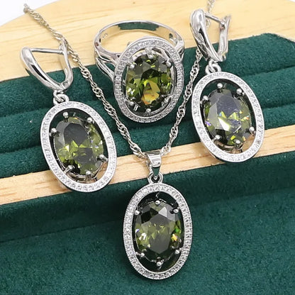 Conjunto de joias de prata esterlina 925 peridoto verde para mulheres, pulseira, brincos, colar, pingente, anel, presente de aniversário