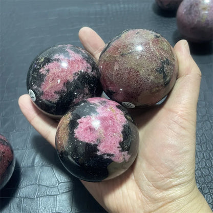 Natural Rhodochrosite Balls Sphere with Wood Base Plum Blossom Tourmaline Magic Crystals Stress Relief Feng Shui