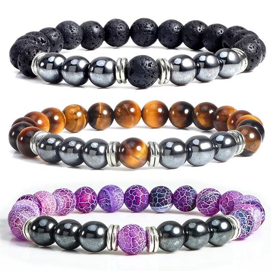 Charm Black Hematite Men Beads Bracelet Natural Tiger Eye Lava Weathered Stone Elastic Bracelets for Women Healing Yoga Jewelry