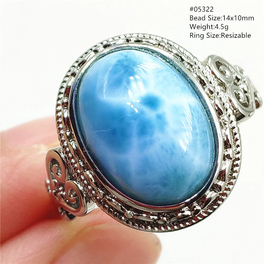 Natural Blue Larimar Gemstone Adjustable Ring Oval 925 Sterling Silver Dominica Women Water Pattern Larimar Ring AAAAAA