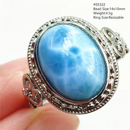 Natural Blue Larimar Gemstone Adjustable Ring Oval 925 Sterling Silver Dominica Women Water Pattern Larimar Ring AAAAAA