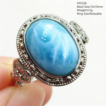 Natural Blue Larimar Gemstone Adjustable Ring Oval 925 Sterling Silver Dominica Women Water Pattern Larimar Ring AAAAAA