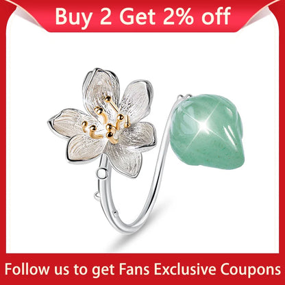 Lotus Fun Real 925 Sterling Silver Natural Aventurina Gemstones Flor Anel Jóias Finas Lotus Whispers Anéis para Mulheres Bijoux