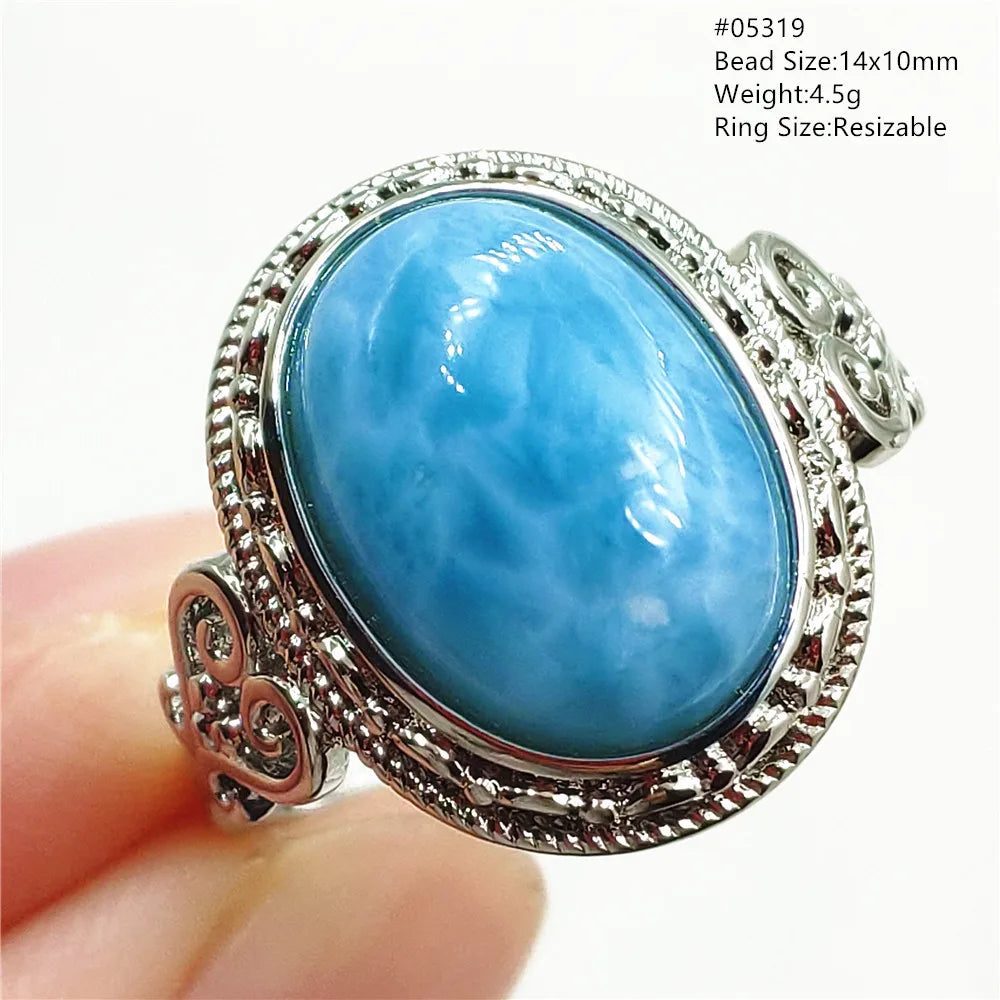 Natural Blue Larimar Gemstone Adjustable Ring Oval 925 Sterling Silver Dominica Women Water Pattern Larimar Ring AAAAAA