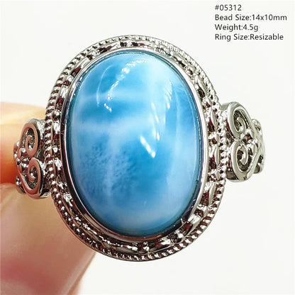 Natural Blue Larimar Gemstone Adjustable Ring Oval 925 Sterling Silver Dominica Women Water Pattern Larimar Ring AAAAAA