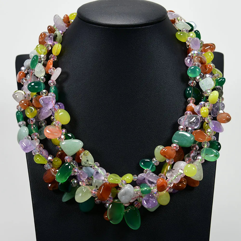 GuaiGuai Jewelry 5 Strands Natural Mix Gems Stone Crystal Agate Jasper Torsade Necklace Handmade Lady Gifts