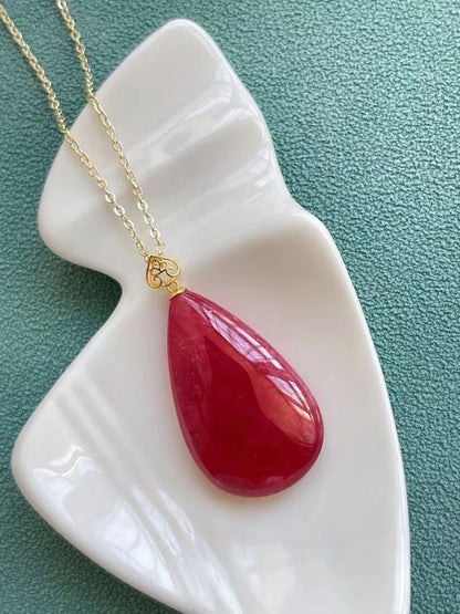 Natural Red Rhodonite Pendant Necklace Jewelry 31*18.8mm Women Men Water Drop 18K Gold Rose Rhodonite Fashion AAAAAA