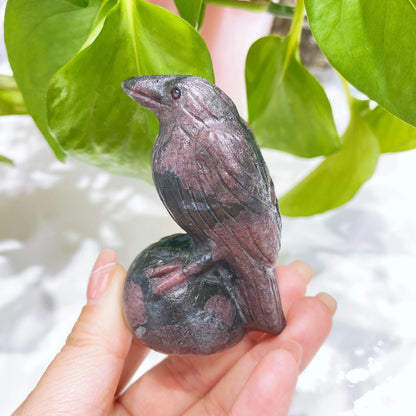 65mm Crystal Raven Statue Natural Obsidian Garnet Stone Reiki Gealing Carving Crow Animal Figurine Crafts Home Decoration Gift