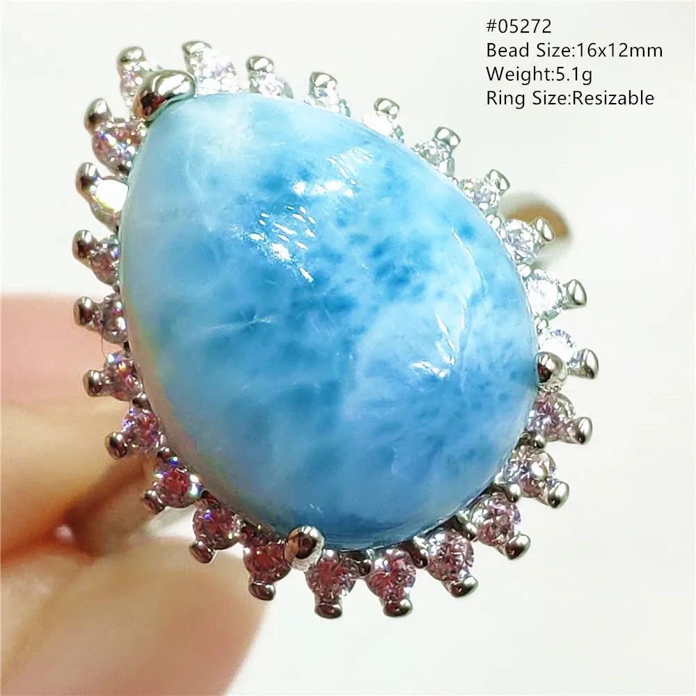 Natural Blue Larimar Gemstone Adjustable Ring Oval 925 Sterling Silver Dominica Women Water Pattern Larimar Ring AAAAAA