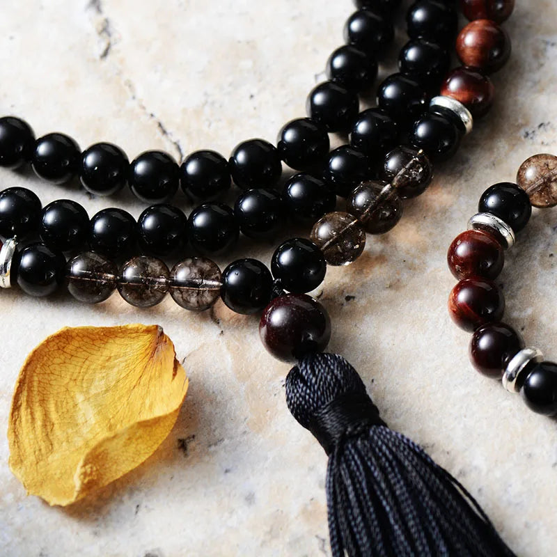 108 Beads Malas 8MM Tiger Eye Onyx Healing Crystal Tassel Spiritual Meditation Yoga Necklace Bracelet Jewelry Set