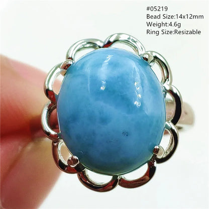 Natural Blue Larimar Gemstone Adjustable Ring Oval 925 Sterling Silver Dominica Women Water Pattern Larimar Ring AAAAAA